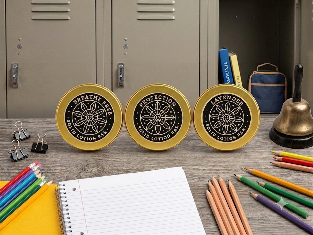 Back to School Wellness Set, three natural solid lotion bars in a back to school scene
