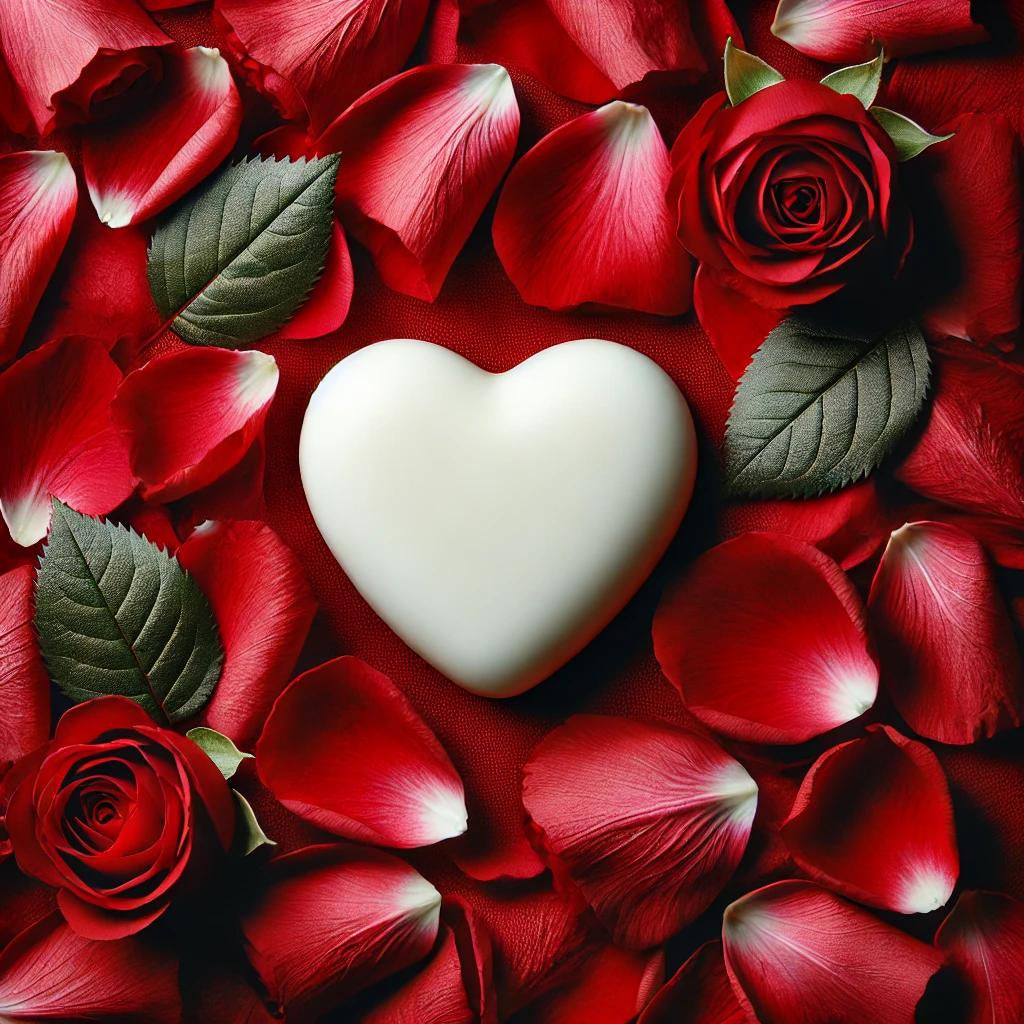 A heart-shaped solid body moisturizer lotion placed on a bed of red rose petals and green leaves.
